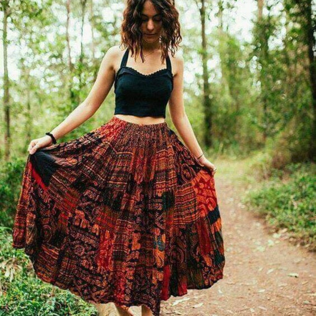 Chân váy thổ cẩm boho style freesize,cotton mềm rũ hoa văn ngẫu nhiên