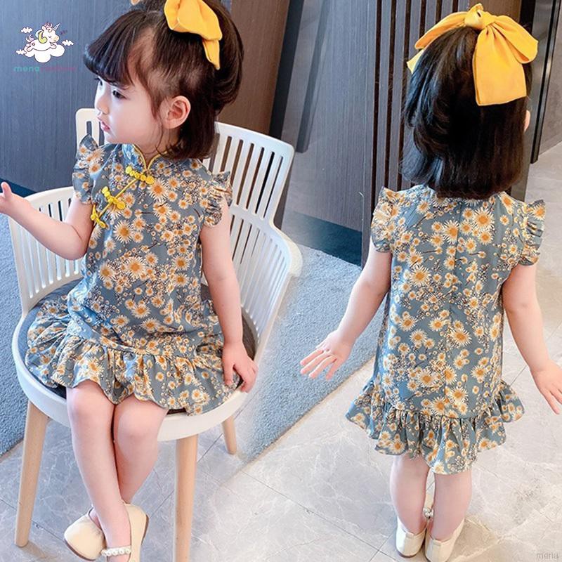 Đầm Sườn Xám In Hoa Kiểu Trung Hoa Thời Trang Mùa Hè Cho Bé Gái