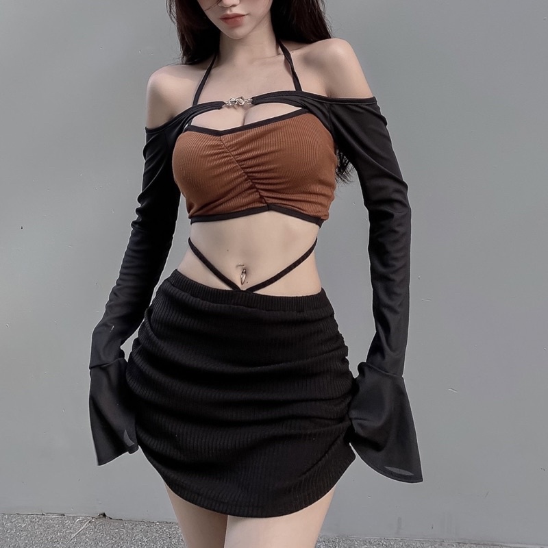 Áo Croptop Phối Lưới Tay Loe