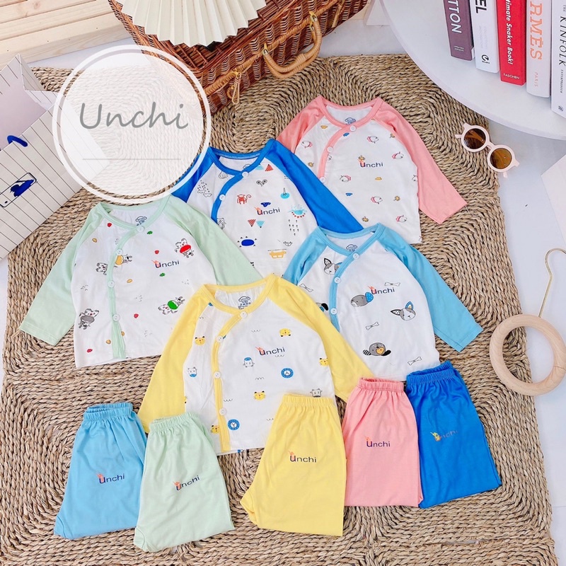 Bộ quần áo dài tay sơ sinh cúc cài lệch điều hòa mùa hè vải thun lạnh Unchi quần đáp đũng đóng bỉm