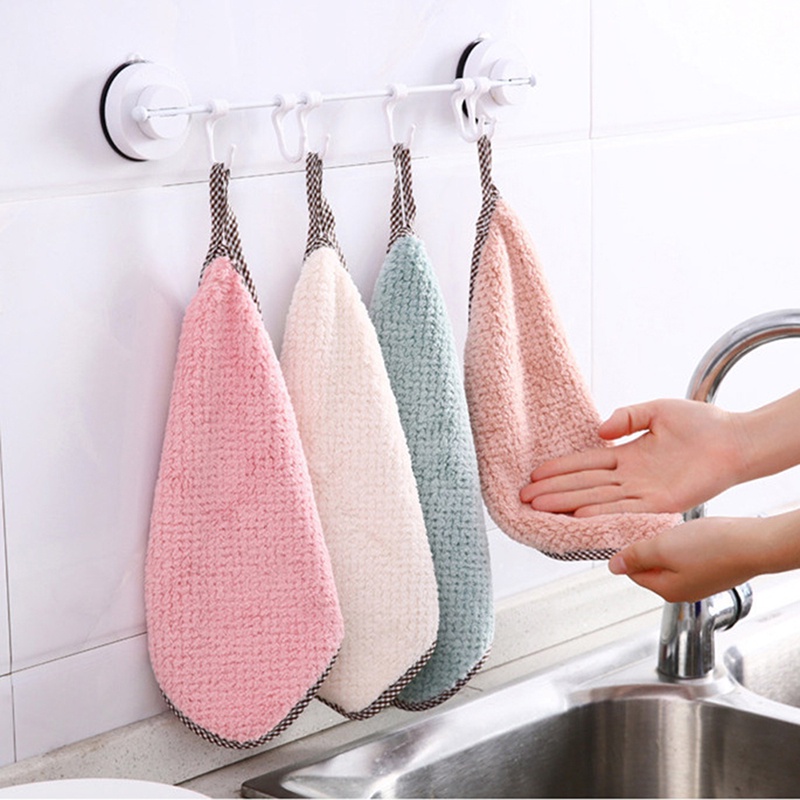 Khăn lau tay vải lông cừu san hô thấm hút nước không bám dầu có vòng treo cho nhà bếp