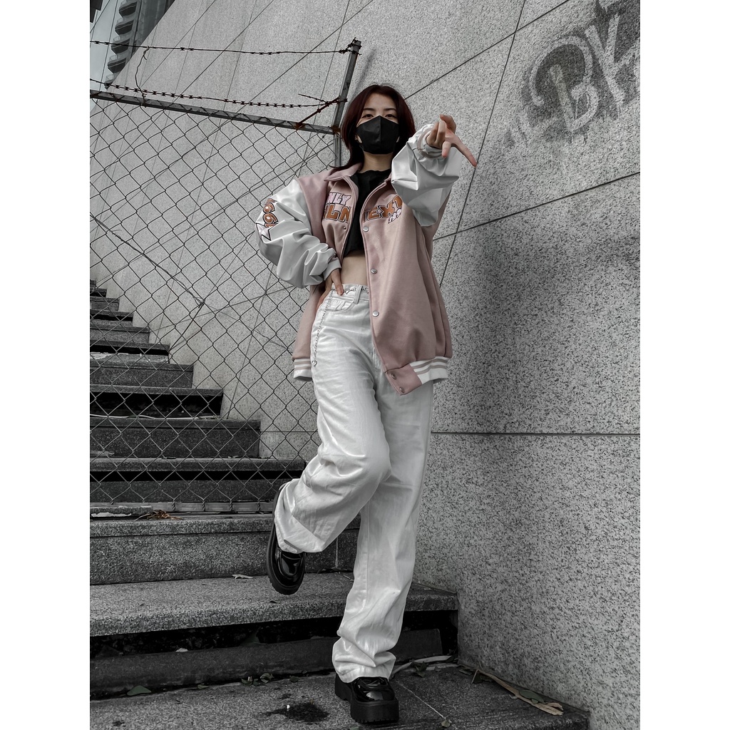 Áo Khoác Bomber Varsity Phối Tay Da Thêu Chữ Universe Nam Nữ Full Đen Unisex Chất Nỉ Dạ Lót Dù