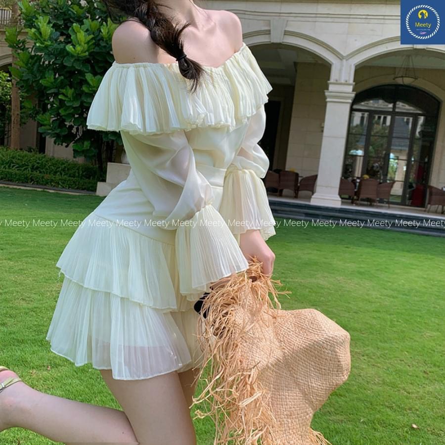 Đầm trễ vai dập ly xòe tầng chất voan lụa phong cách retro xinh xắn