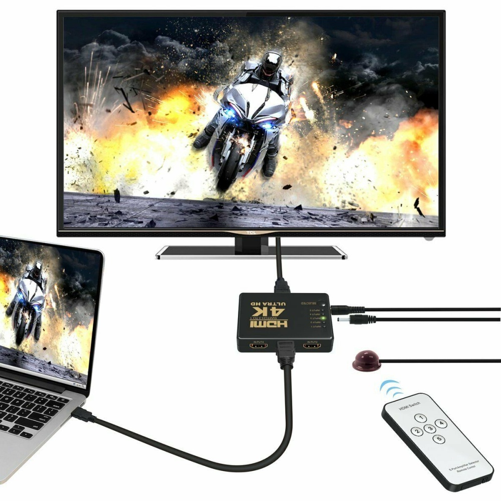 Bộ chuyển đổi Switch HDMI 4k hỗ trợ từ 5x1 hỗ trợ 5 ngõ vào như DVD, Android box, PC và 1 ngõ ra cổng HDMI xuất LCD tivi