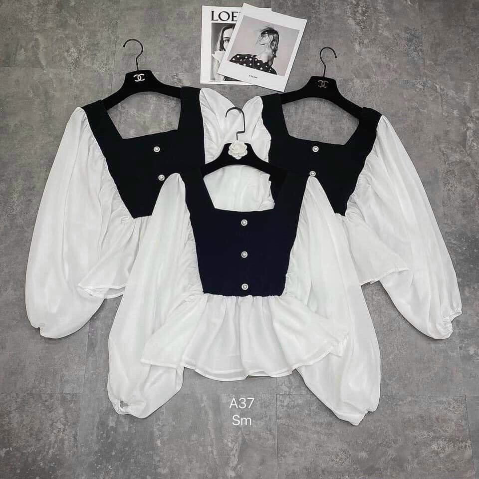 ÁO KIỂU BABYDOLL THUN GÂN ĐEN PHỐI TAY VOAN TRẮNG ĐÍNH NÚT MC