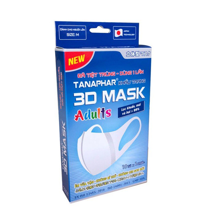 Khẩu trang y tế 3D mask Tanaphar người lớn và trẻ em - Hộp 10 chiếc - đã tiệt trùng với thiết kế 3D kháng khuẩn, lọc bụi