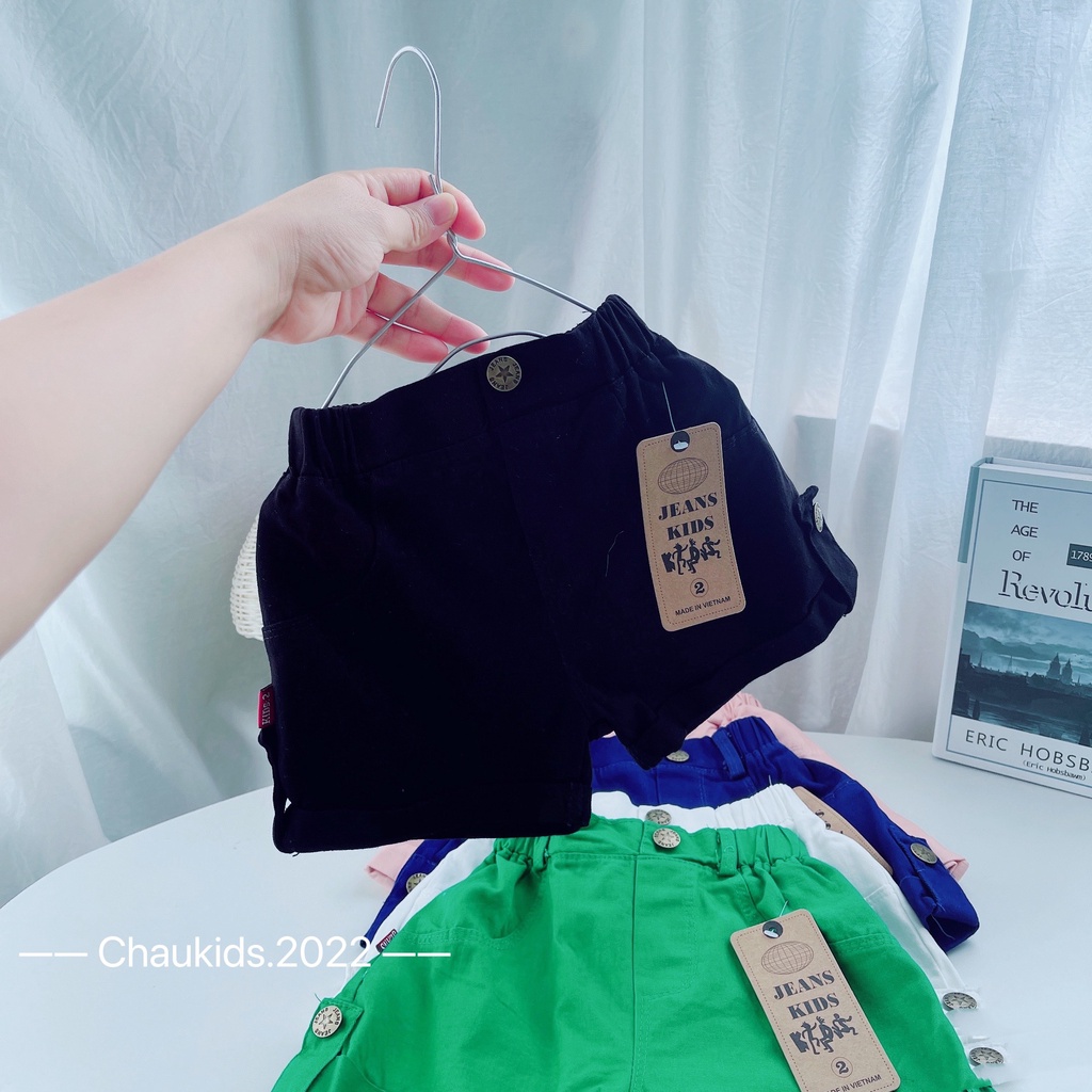 Quần đùi bé gái, quần short kaki gập gấu đai đính cúc siêu xinh cho bé
