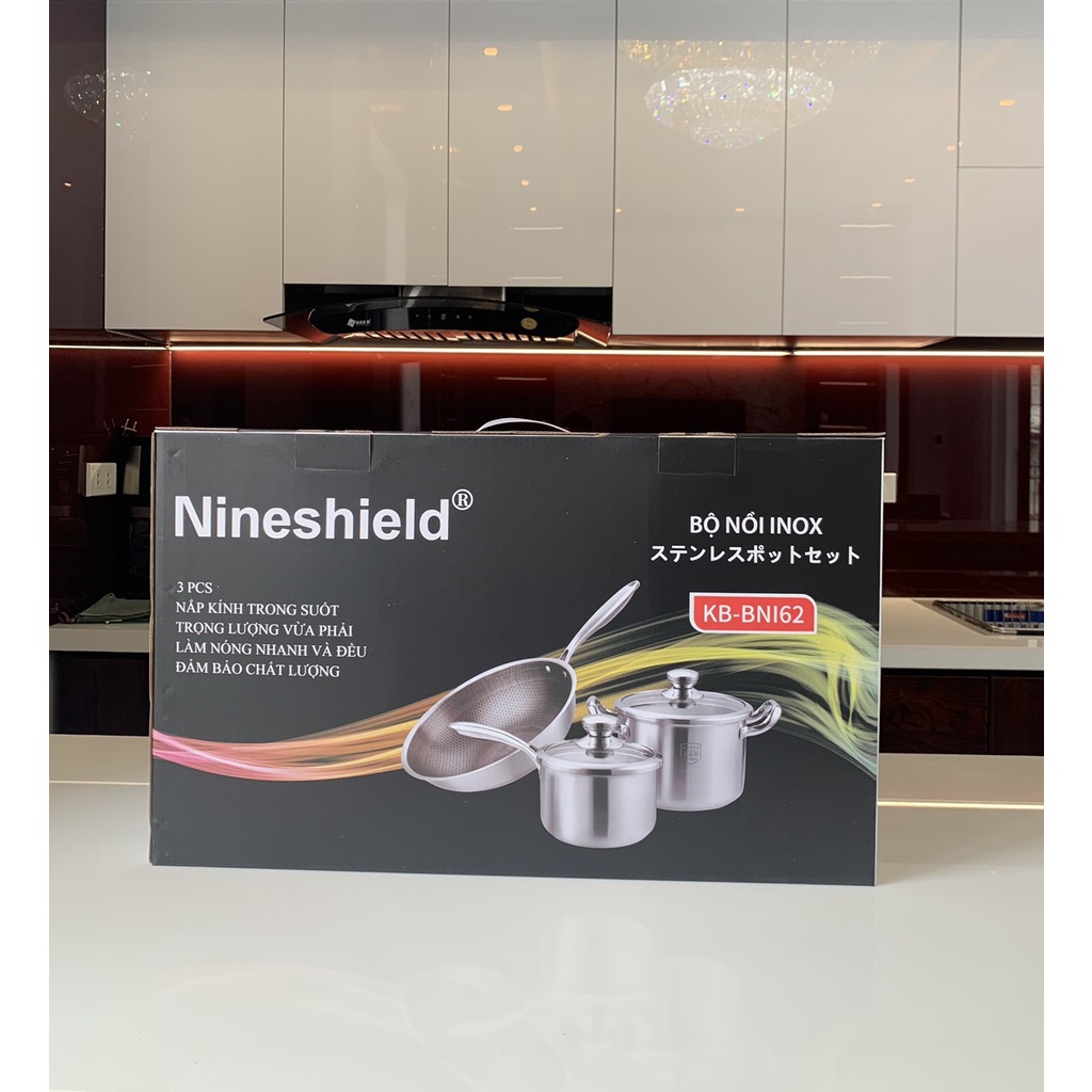 BỘ NỒI INOX 3 MÓN CAO CẤP NINESHIELD KB- BNI62 HÀNG CHÍNH HÃNG NỘI ĐỊA TRUNG