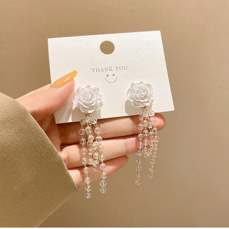 Bông Tai Dáng Dài Hình Hoa Trà Bằng Acrylic Phối Tua Rua Phong Cách Hàn Quốc Thời Trang Cho Nữ