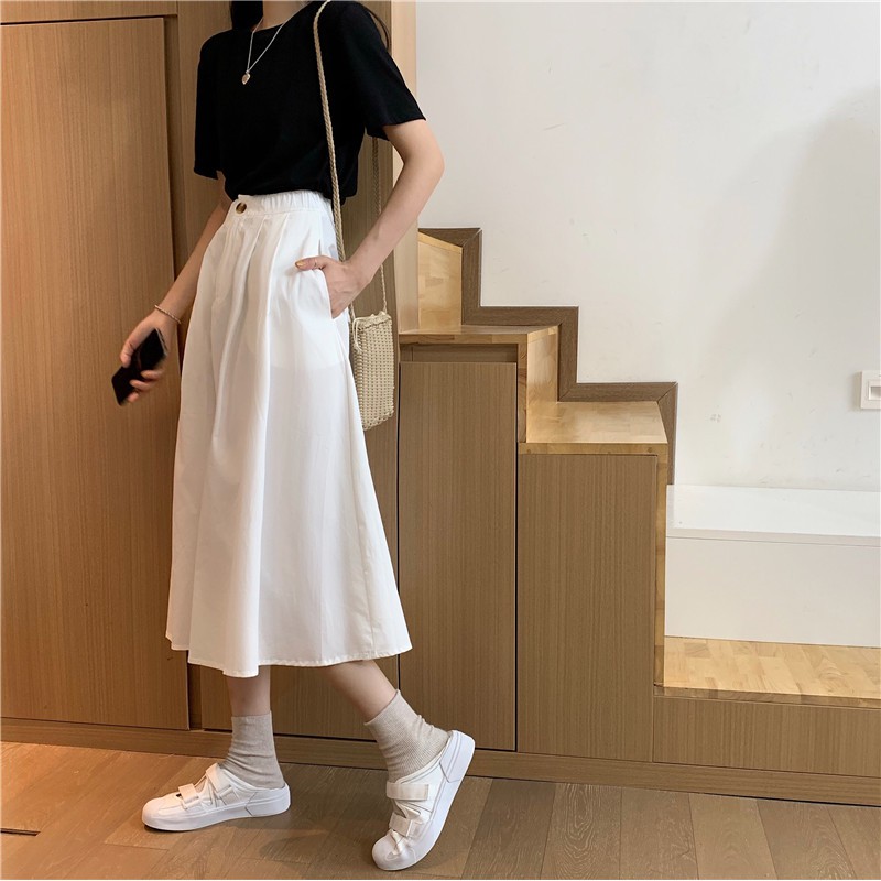 Chân váy midi dài Màu trơn Lưng cao Dáng chữ A Ulzzang Phong cách Hàn Quốc Váy trơn Midi Cạp cao Thời trang