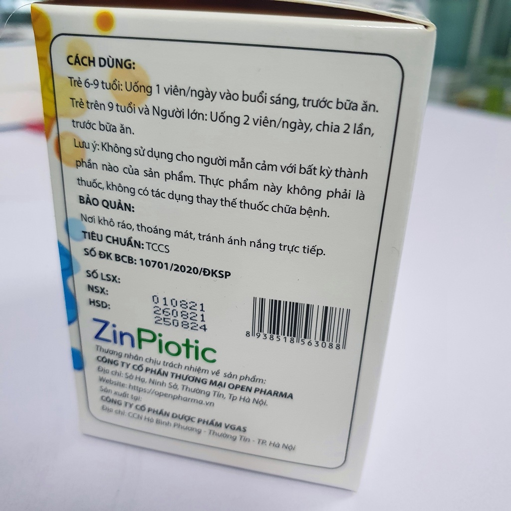Men vi sinh Viên, Kẽm Viên, ZinPiotic- bổ sung lợi khuẩn, cải thiện hệ vi sinh đường ruột- hộp 100 viên nang