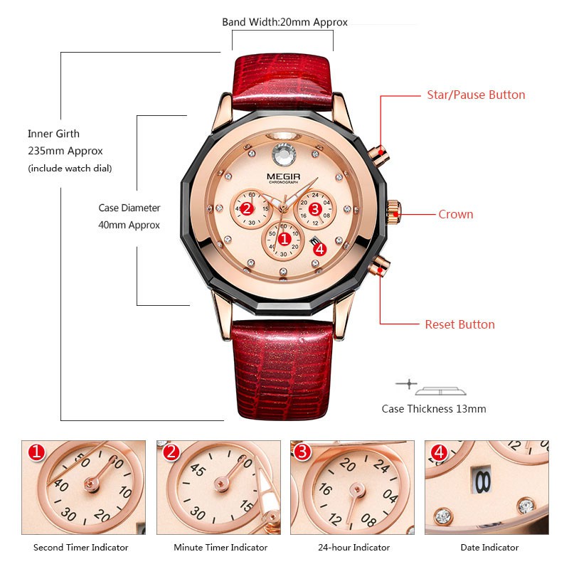 Fashionable Quartz Watches Megir 2042 Women Luxury Chronograph Wrist Watches Red Ladies Wristwatch Genuine Leather Strap Female