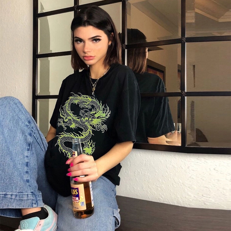 Áo Thun Tay Ngắn Cổ Tròn Dáng Rộng In Hình Rồng Thời Trang Dành Cho Nữ