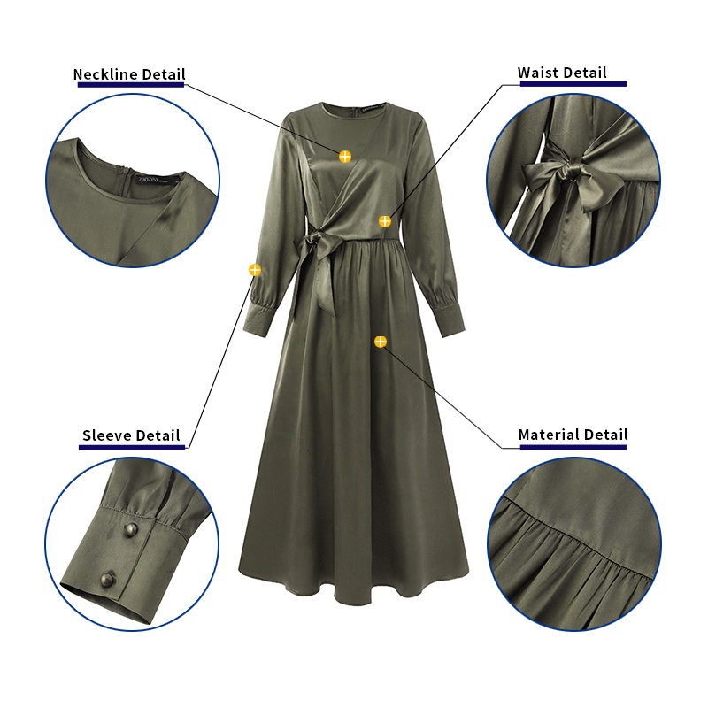 Zanzea Đầm Dài Vải Satin Màu Trơn Cổ Tròn Phối Nút Và Dây Kéo Sau Lưng Cho Phụ Nữ Hồi Giáo