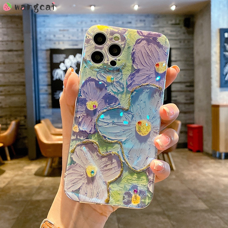 Ốp Điện Thoại Mềm Hình Hoa Màu Xanh Dương Lấp Lánh Cho iPhone 13 12 11 Pro Max XS Max XR X 7 8 6 6s Plus