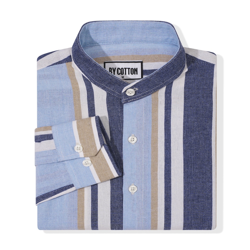 Áo Sơ Mi Nam Dài Tay Phối Sọc Nâu Trắng BY COTTON Linen Brown White Stripes Shirt