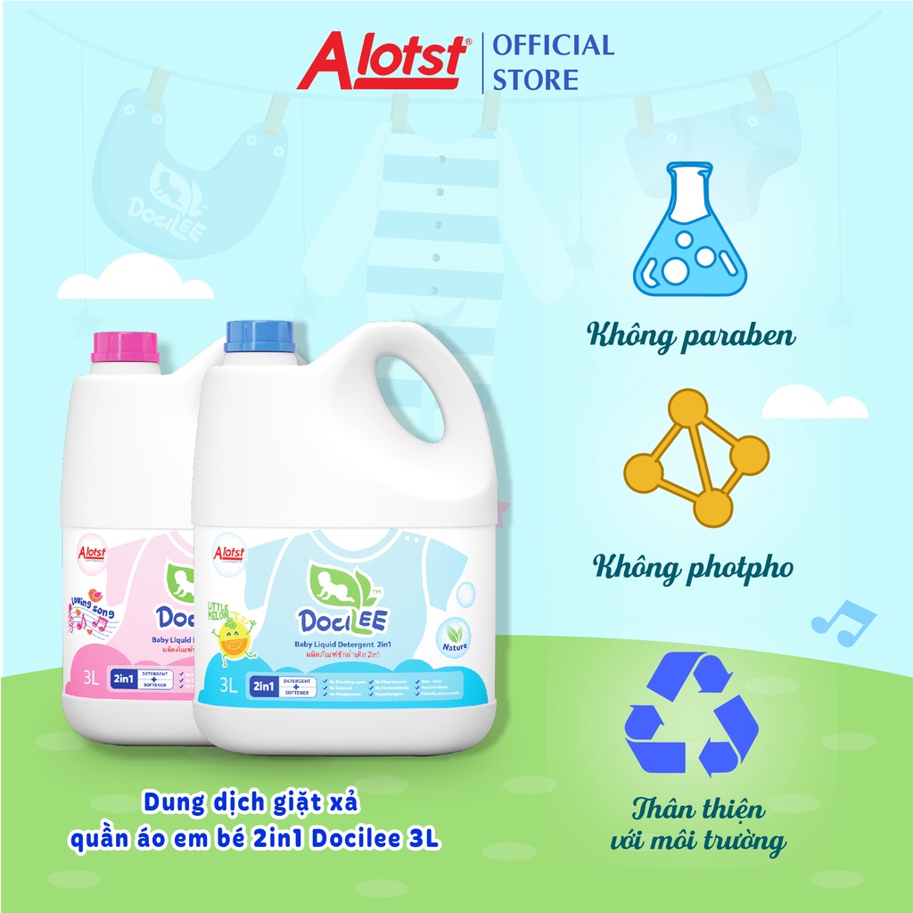 Nước giặt xả quần áo em bé Docilee 2in1 - 3 Lít