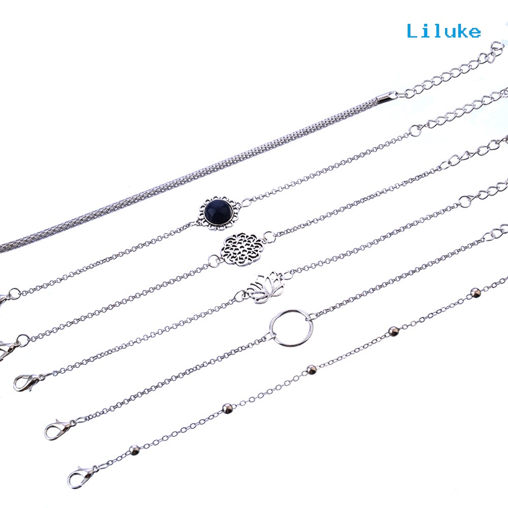 Bộ 6 Vòng Tay Hợp Kim Trang Trí Hoa Sen Đính Đá Thời Trang Cho Nữ