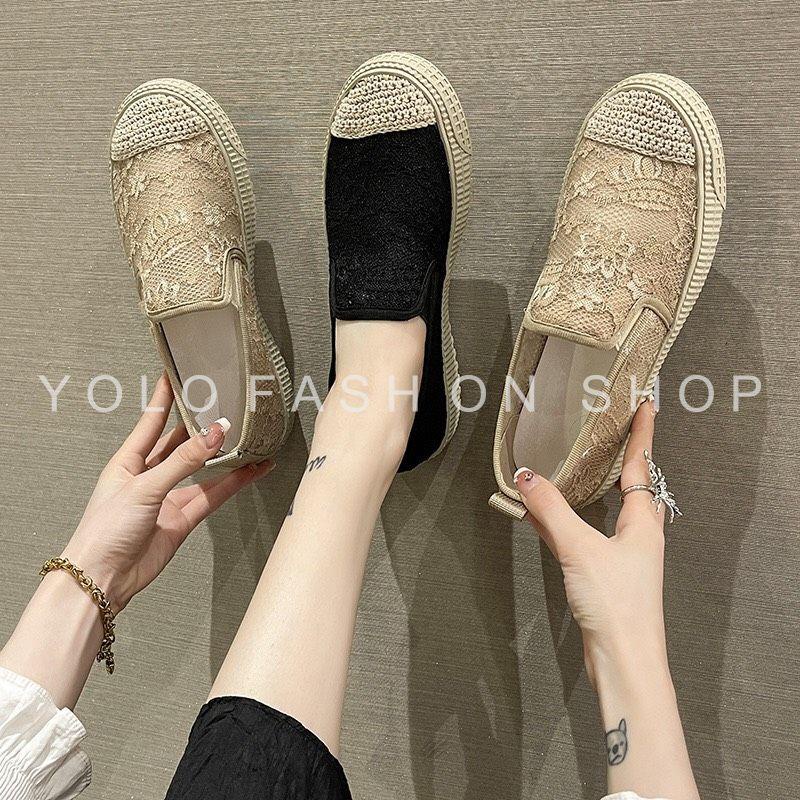 Giày lười slip on nữ dáng basic phối ren vintage siêu mềm êm chân hàng cao cấp chuẩn đẹp-GL25