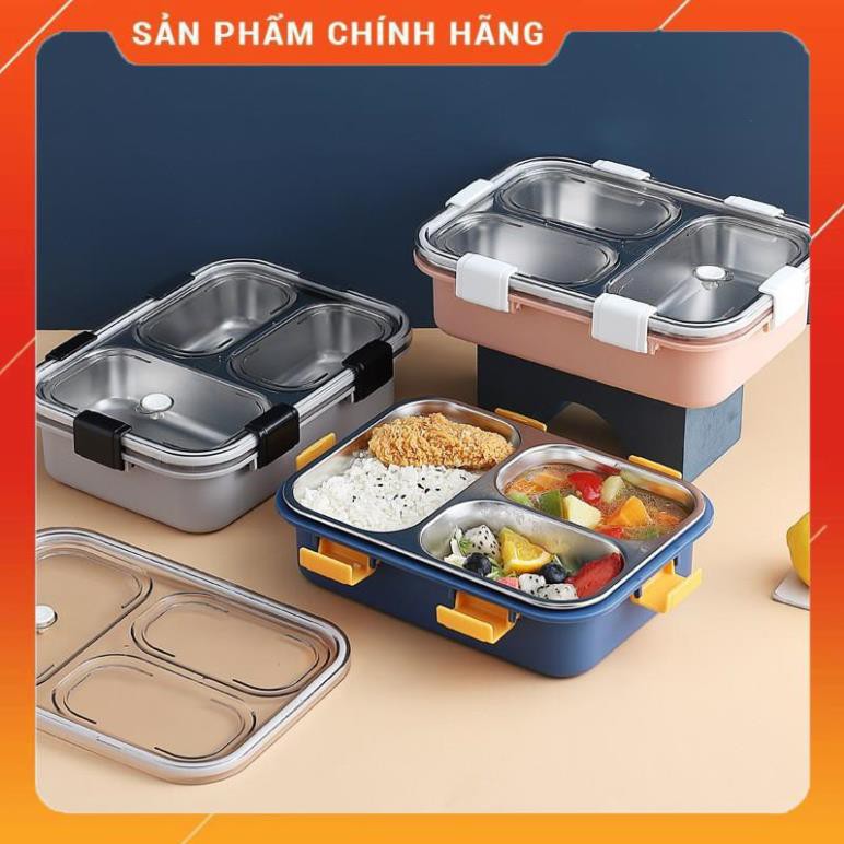 CHÍNH HÃNG - Hộp cơm văn phòng inox 3 ngăn giữ nhiệt 7059, Khay đựng cơm inox 3 ngăn có nắp giữ nhiệt