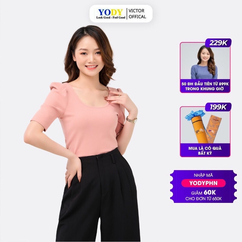 Áo Thun Nữ YODY Cổ Vuông Tay Bồng Dáng Ôm Cao Cấp ATN4350