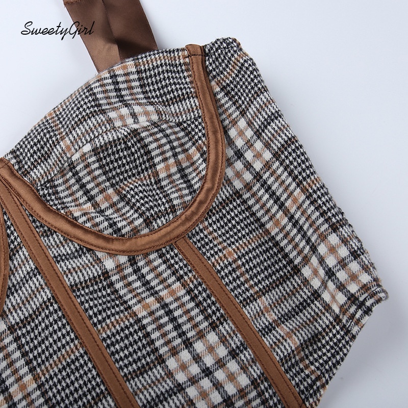 Áo 2 dây kẻ sọc caro có thể điều chỉnh thời trang đường phố cho nữ