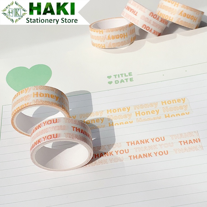 Cuộn băng keo washi tape HAKI in chữ thank you trang trí sổ tay phong cách Hàn Quốc BD05