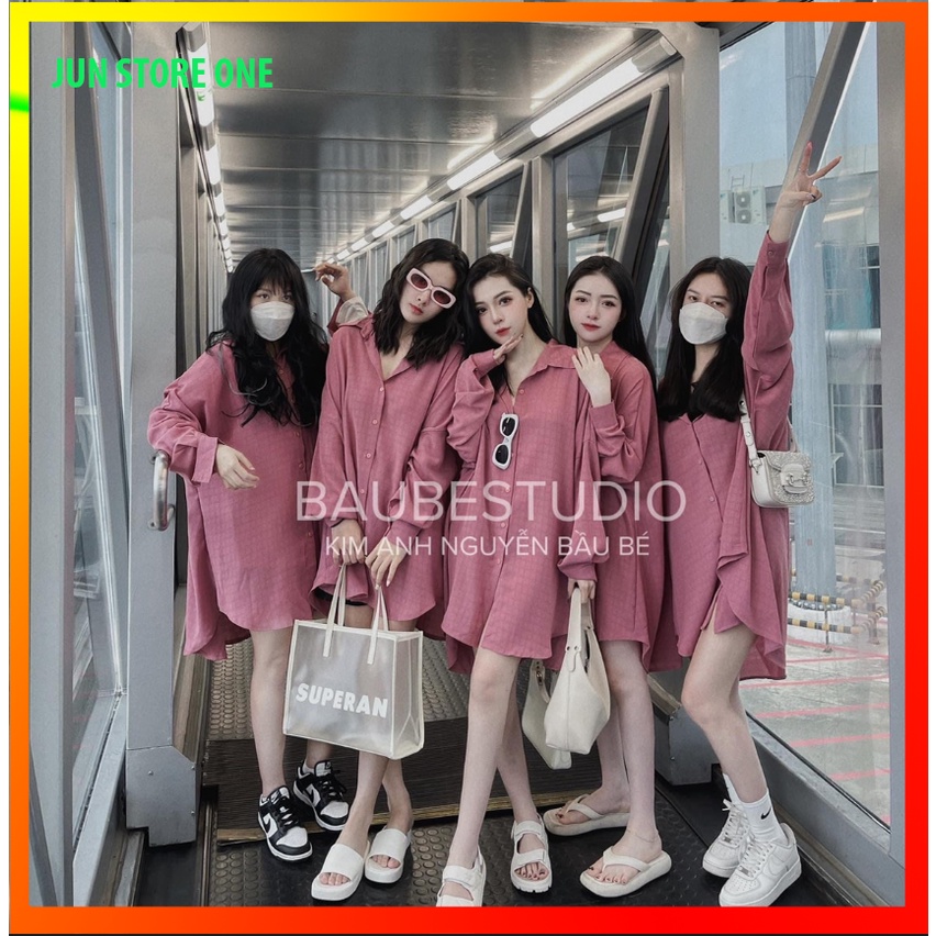 Váy sơ mi dáng dài kẻ cổ đức đuôi tôm, Đầm nữ dáng dài from rộng oversize phong cách Hàn Quốc 2022