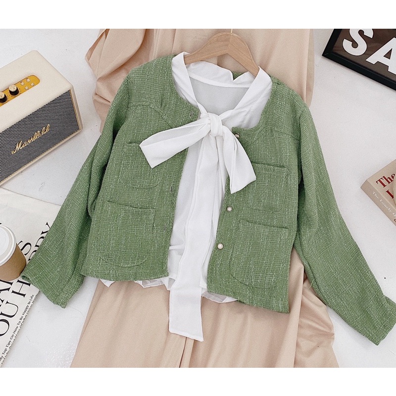 SET ÁO TRẮNG THẮT NƠ CỔ  KÈM KHOÁC XANH