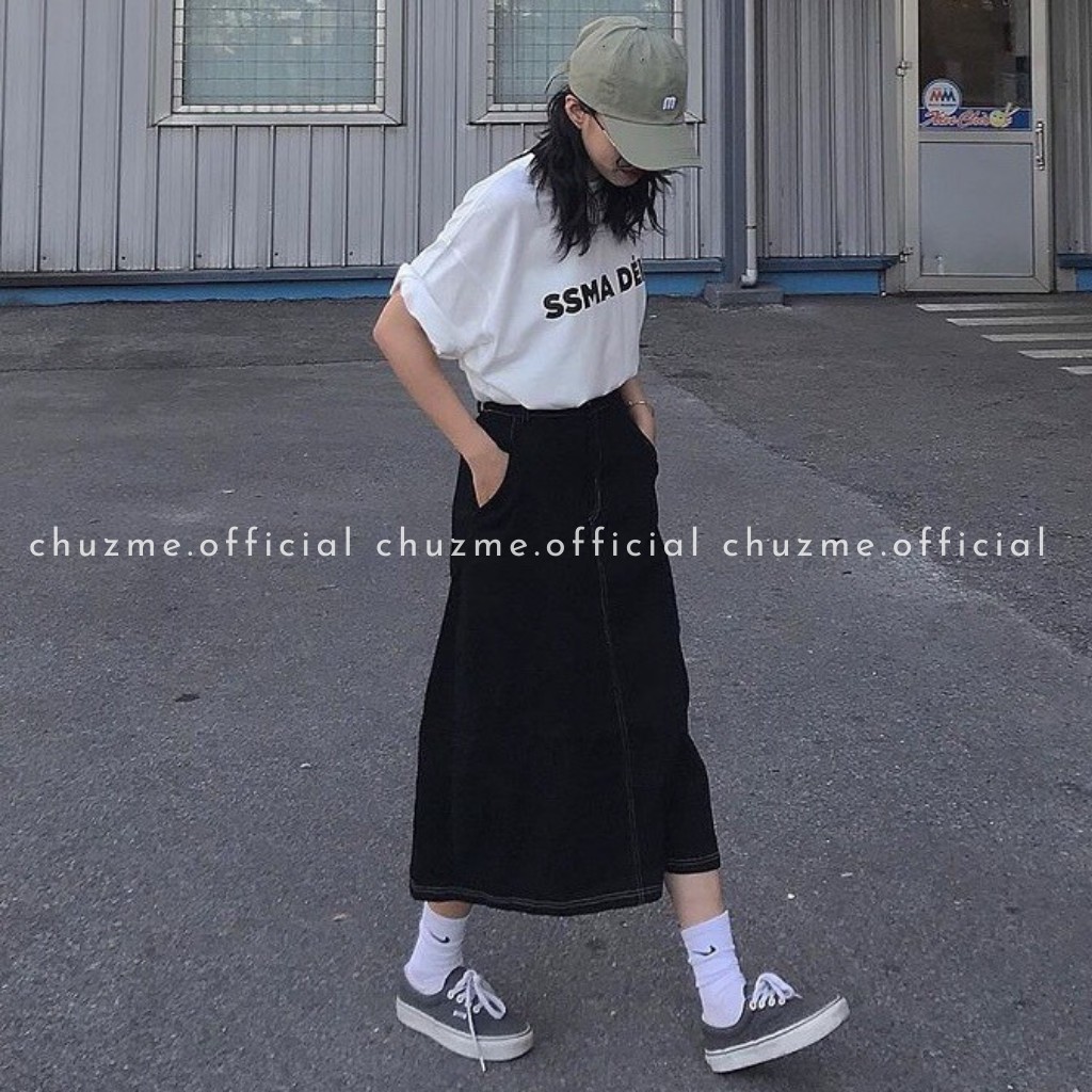 Chân váy jeans ulzzang dáng dài xẻ tà viền chỉ, chân váy bò dáng chữ A chun lưng | BigBuy360 - bigbuy360.vn