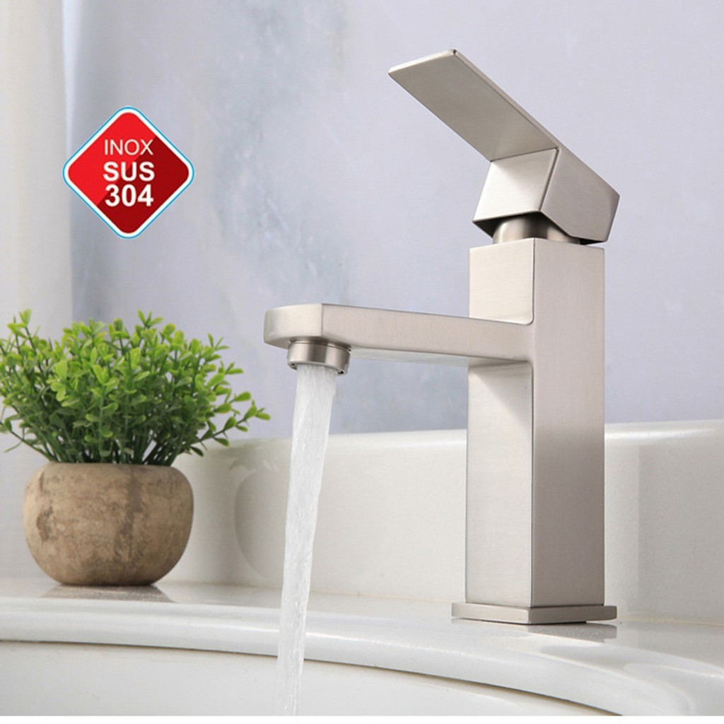 Vòi rửa mặt (lavabo) nóng lạnh inox 304 SENTANO STN-301 ( Kiểu VUÔNG sang trọng - 17cm )