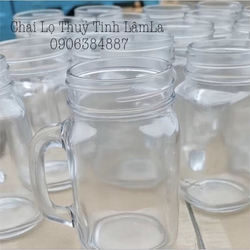 Cốc Ly Quai Thuỷ Tinh Trơn Nắp Nhôm Bạc Có Lỗ 450ml | Đựng Trà Sữa , Cocktail