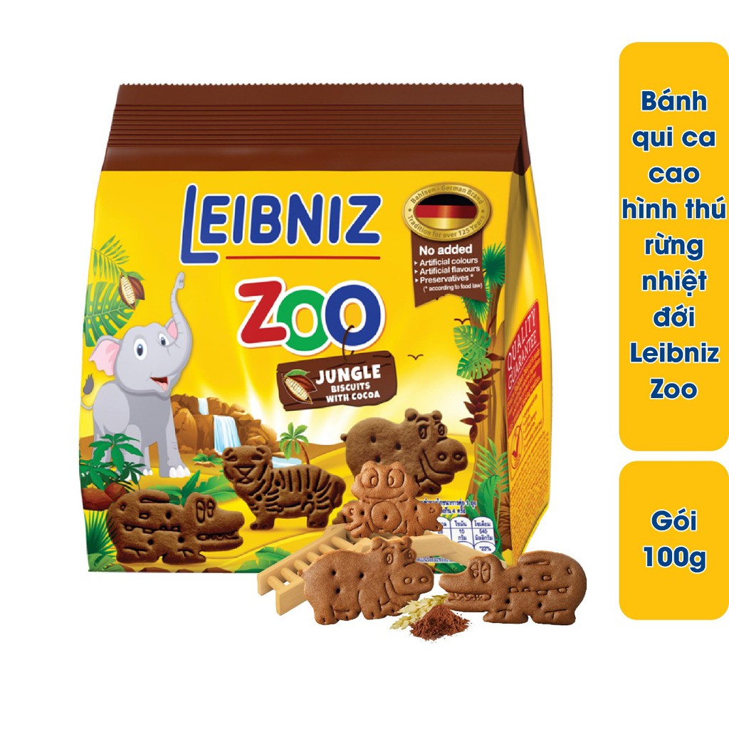 Bánh qui bơ ca cao hình thú rừng nhiệt đới Leibniz Zoo 100g, nhập khẩu Đức