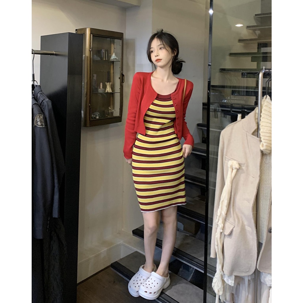 ZHELIHANGFEI Set Áo Cardigan Dệt Kim Dài Tay Và Đầm Hai Dây Họa Tiết Kẻ Sọc Phong Cách Quyến Rũ