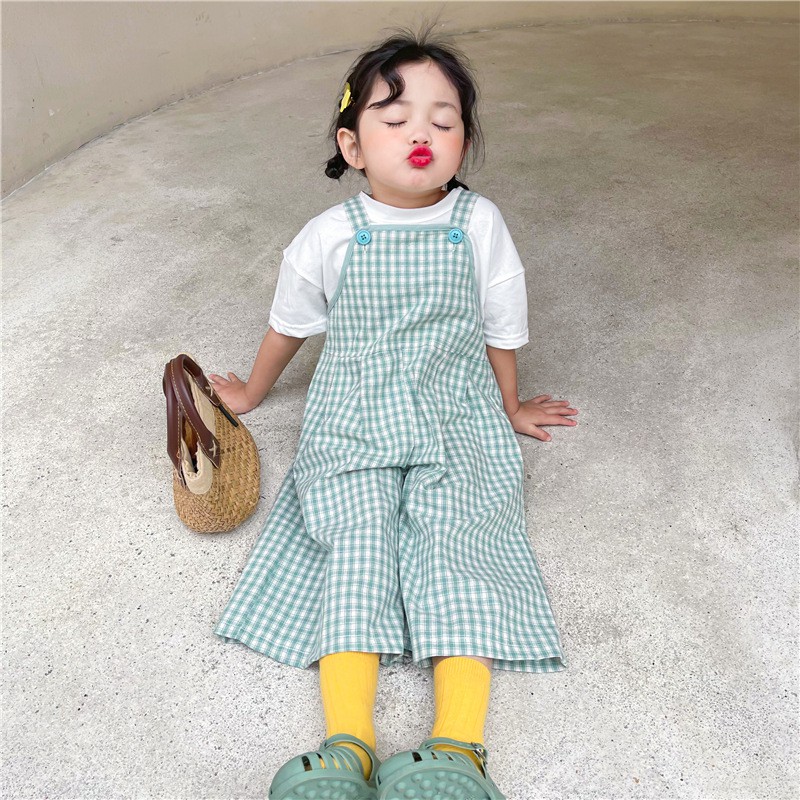 Quần Yếm Ống Rộng Họa Tiết Sọc Caro Thời Trang Mùa Hè Cho Bé