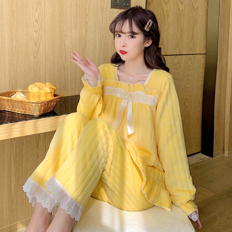 Bộ Đồ Ngủ Chất Nỉ Phối Ren Phong Cách Hàn Quốc Thời Trang Thu Đông Xinh Xắn Cho Nữ