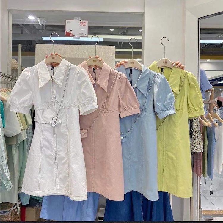 Đầm dáng chữ A tay phồng ôm eo phối khóa kéo phong cách Pháp thời trang mùa hè cho nữ