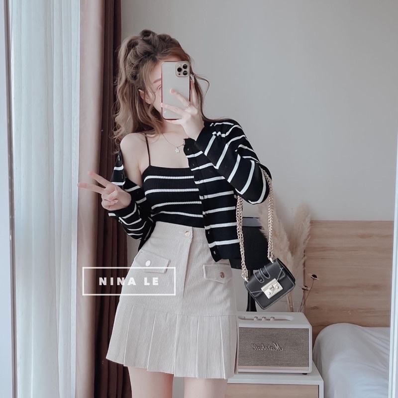 Set áo len kẻ basic - set len dệt kim gồm áo 2s và áo khoác ngoài