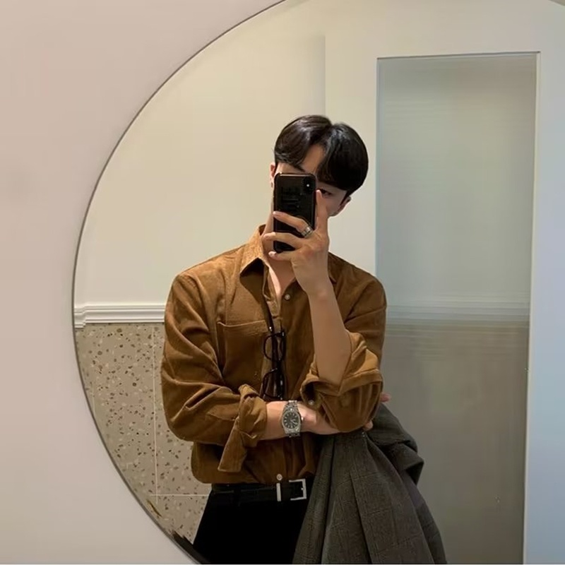 Áo Sơ Mi Nam Vải Nhung Dáng Ôm Màu Sắc Trơn Phong Cách Hàn Quốc Trẻ Trung Cỡ M-2xl