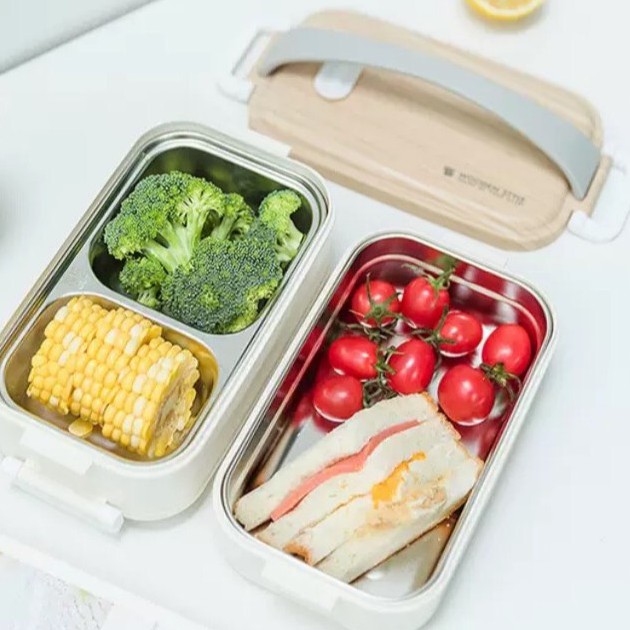 Hộp cơm giữ nhiệt lúa mạch 2 tầng ruột Inox 304 - Hộp cơm văn phòng WOODEN dùng được lò vi sóng