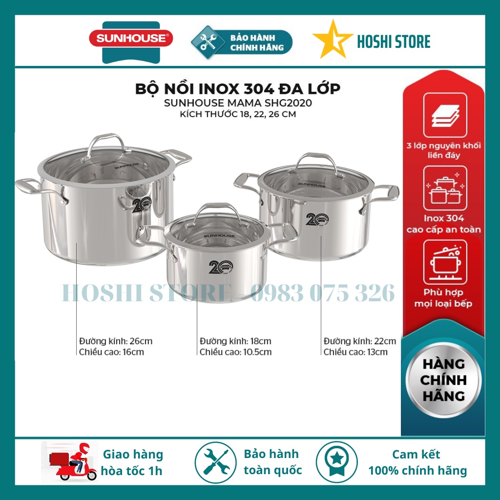 Bộ nồi inox 304 5 lớp 18 – 22 – 26 cm Sunhouse Mama SHG2020