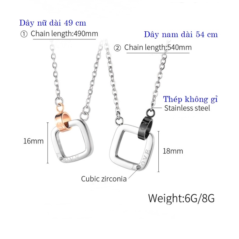 Dây chuyền cặp đôi tình nhân mặt vuông khắc chữ Love chất liệu Stainless steel không gỉ