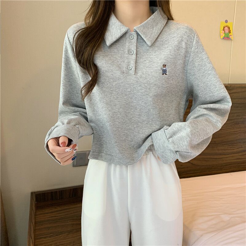 Áo Sweater Cổ Polo Dáng Rộng Thêu Hình Gấu Kiểu Hàn Quốc Thời Trang Mùa Thu Cho Nữ