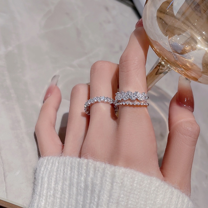 Nhẫn Hở Hình Chiếc Lá Hai Lớp Màu Bạc Đính Đá Zircon Phong Cách Hàn Quốc