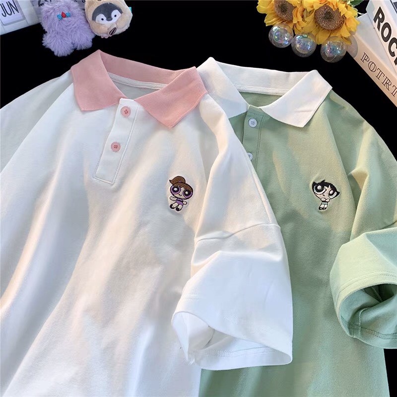 Áo polo unisex thêu logo cute - Áo thun nữ tay lỡ cổ bẻ chất cotton mềm mát dễ phối đồ màu trắng, xanh dương, xanh lá