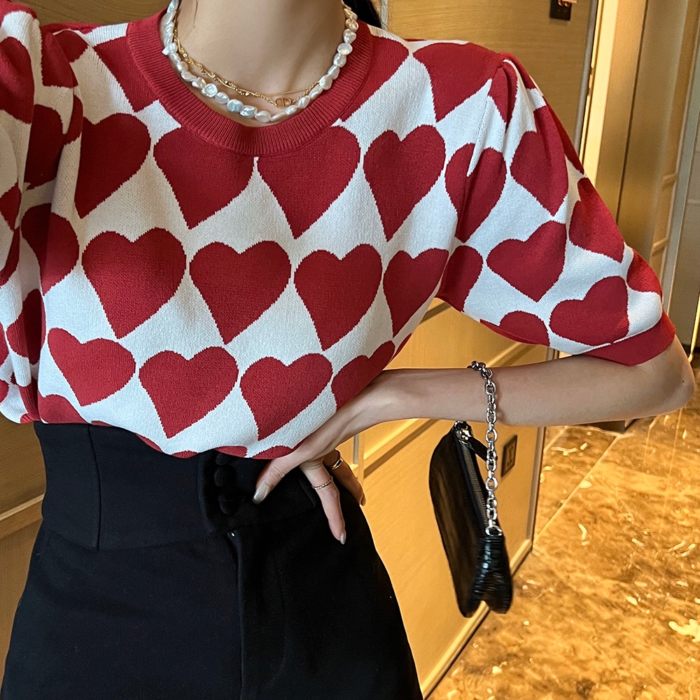 SUXI Áo Dệt Kim Tay Ngắn Phồng Cổ Tròn Họa Tiết Trái Tim Phong Cách Retro Hợp Thời Trang Mùa Hè