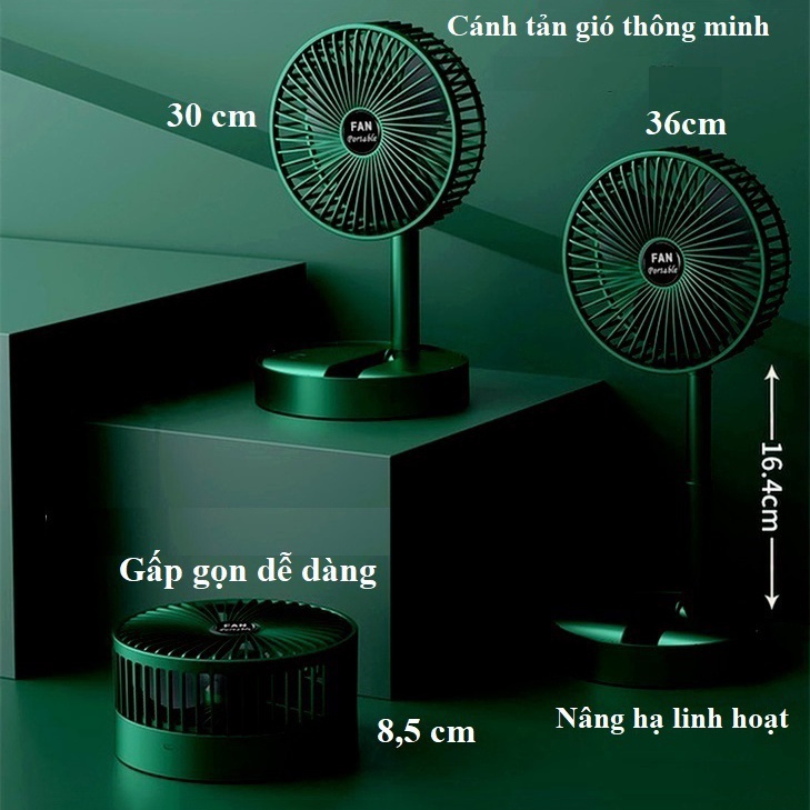 Quạt Tích Điện Mini Gấp Gọn - Quạt Mini Để Bàn Xoay 180 Độ, 3 Tốc Độ Gió, Pin Sạc USB Tiện Lợi