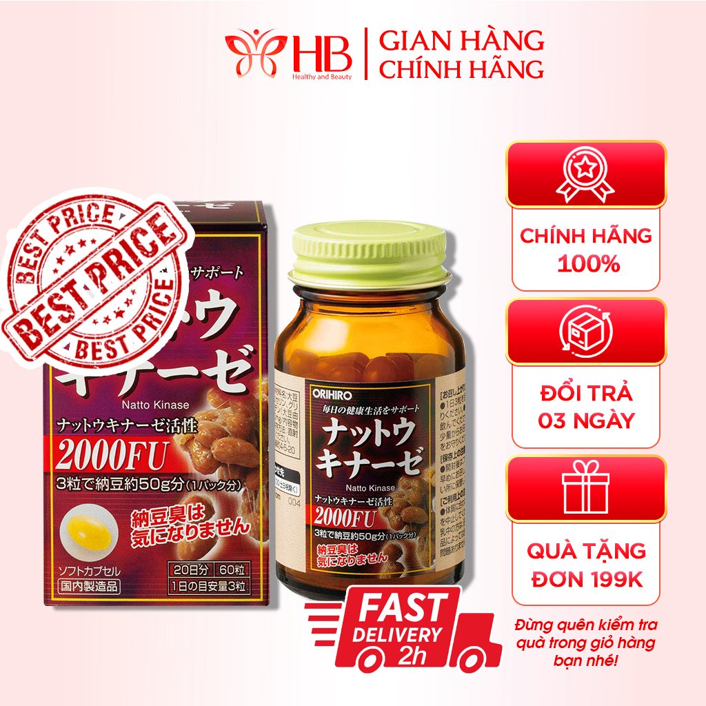 Viên chống đột quỵ ngừa tai biến Natto kinase 2000FU Orihiro Nhật Bản 60 viên, Natto đột quỵ Nhật Bản