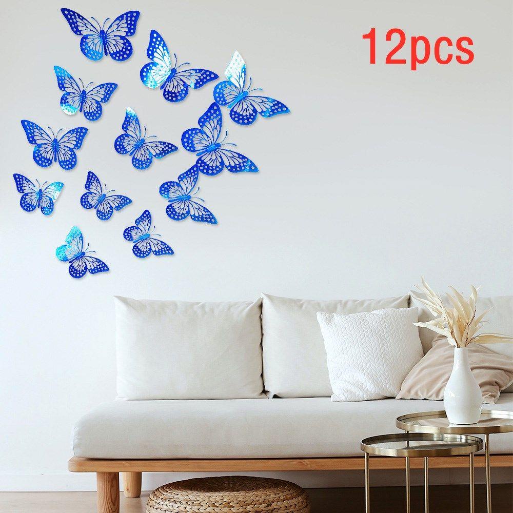 YEW Set 12 Miếng Dán Tường Trang Trí Hình Bướm Màu Đen / Xanh Dương