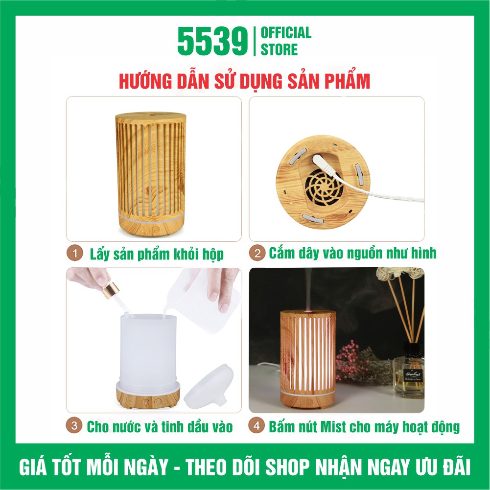 Máy xông tinh dầu phòng ngủ hình trụ dung tích 200 ml tặng kèm 2 chai tinh dầu 5 ml bảo hành 6 tháng - Shop 5539